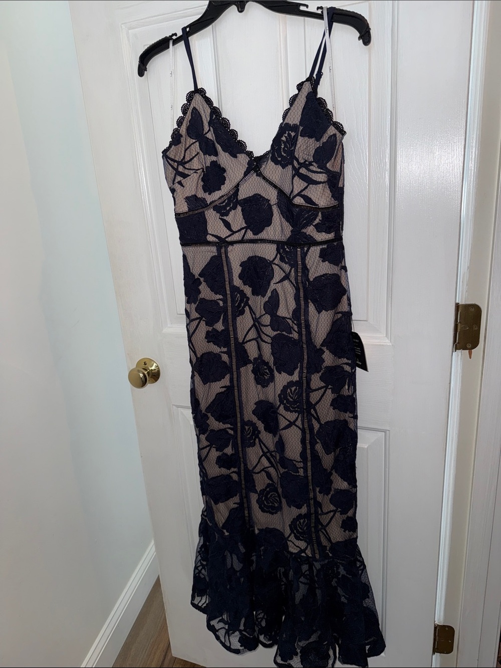 Navy Blue Floral Lace Overlay Midi Dress - Women's